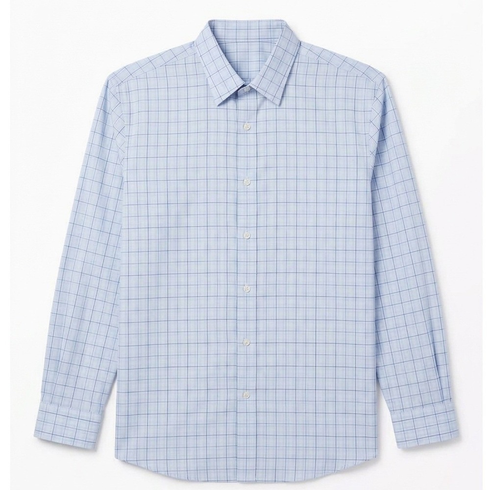 Perry Ellis Button-Up Shirt Men LG Blue White Check Non Iron Cotton Long Sleeve
